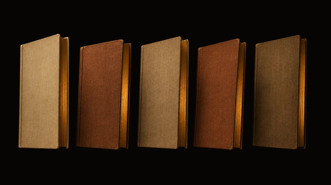 Cinq livres reliés debout côte à côte dans le noir, couvertures de toile nues sans aucun titre, tranches dorées éclairées par une seule lumière chaude venant de la gauche.
