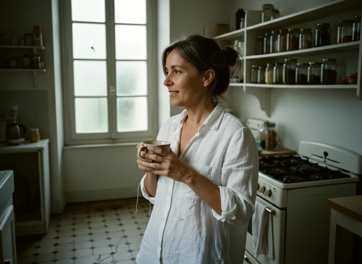Une femme d'une cinquantaine d'années, cheveux relevés et grisonnants, une tasse de café dans les mains, debout dans une cuisine française ancienne: elle regarde par la fenêtre dans la lumière grise du matin et sourit à moitié.