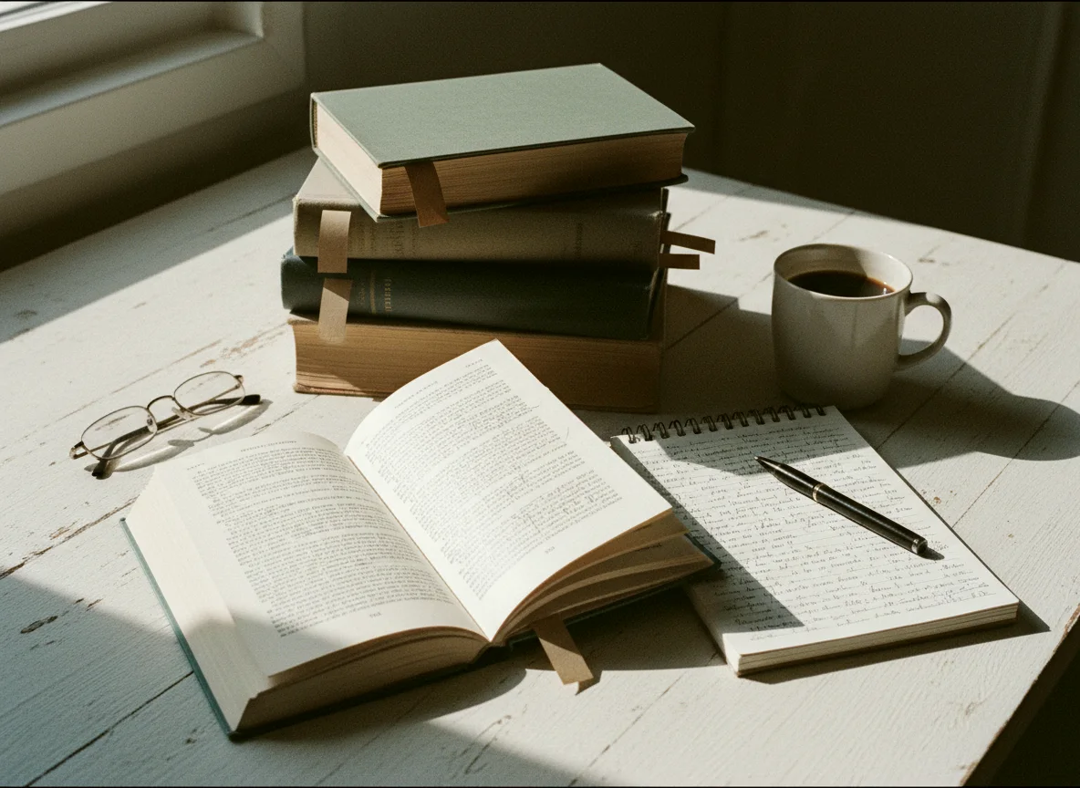 Cinq livres, dont un ouvert et annoté, avec des marque-pages en papier qui dépassent, un carnet couvert de notes manuscrites, un stylo, des lunettes de lecture et une tasse de café sur une table en bois près d'une fenêtre.