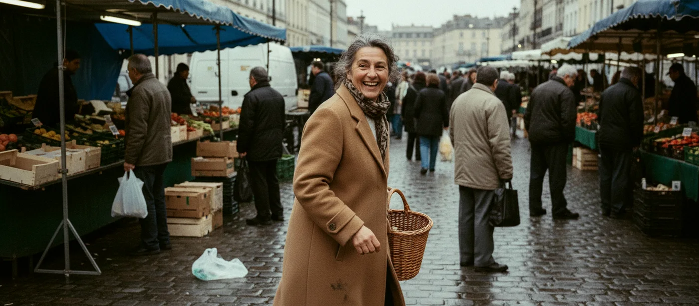 Une femme d'une cinquantaine d'années traverse un marché de plein air tôt le matin, panier en osier au bras, manteau ouvert, elle rit au milieu des étals et des passants, sur les pavés mouillés.