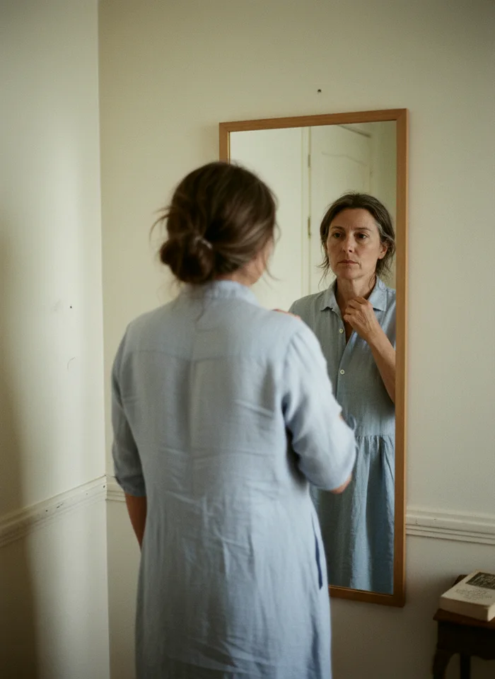 Une femme d'une cinquantaine d'années, cheveux relevés, se tient devant un miroir en pied dans un couloir clair et se regarde en face, calme, une main qui ajuste le col de sa robe en lin.