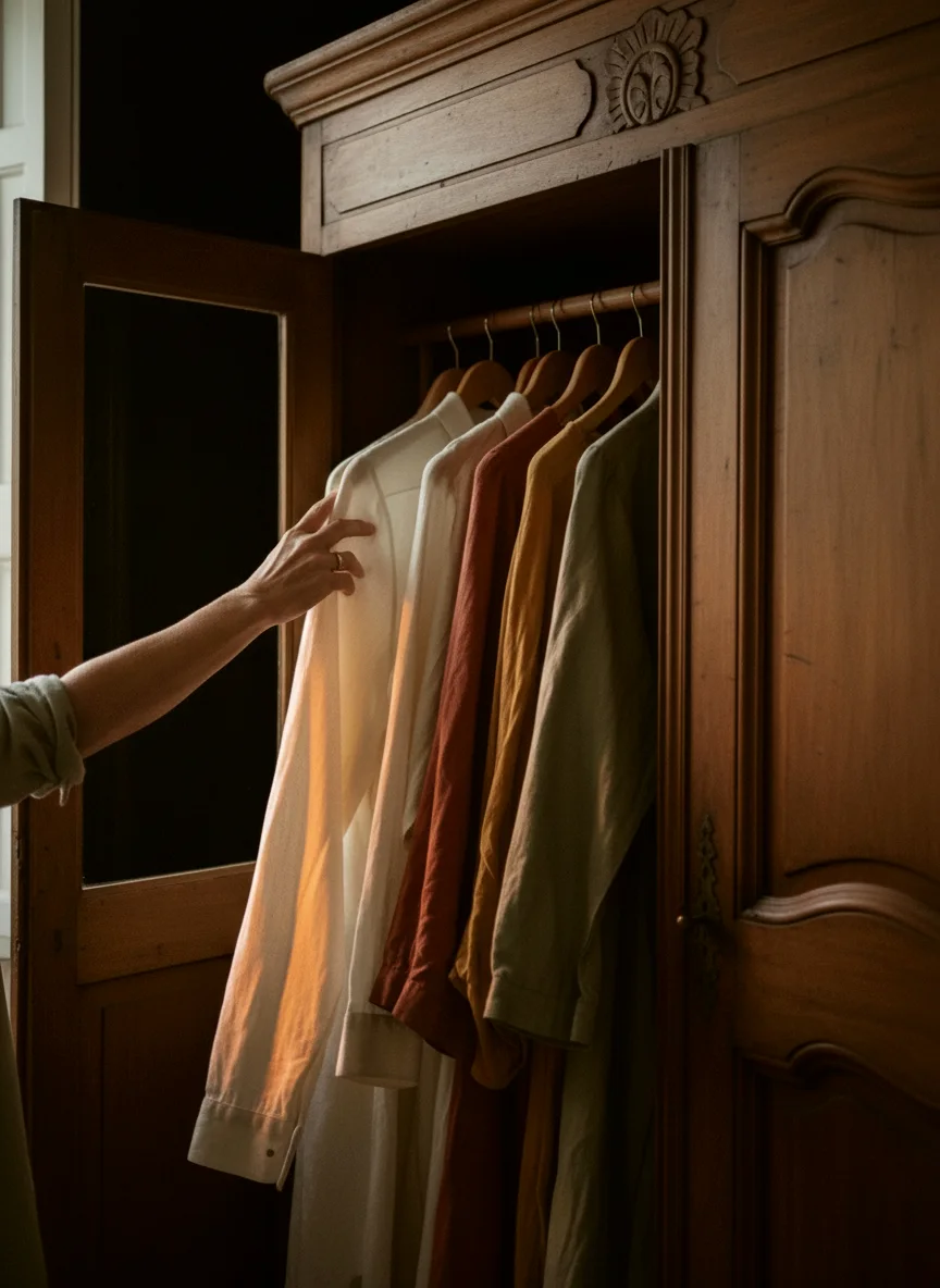 Une armoire ancienne en bois ouverte dans une chambre, tard le soir: des chemises en lin crème, terracotta, ocre et vert sauge sur des cintres en bois, une main de femme mature en décroche une dans la lumière chaude d'une lampe de chevet.