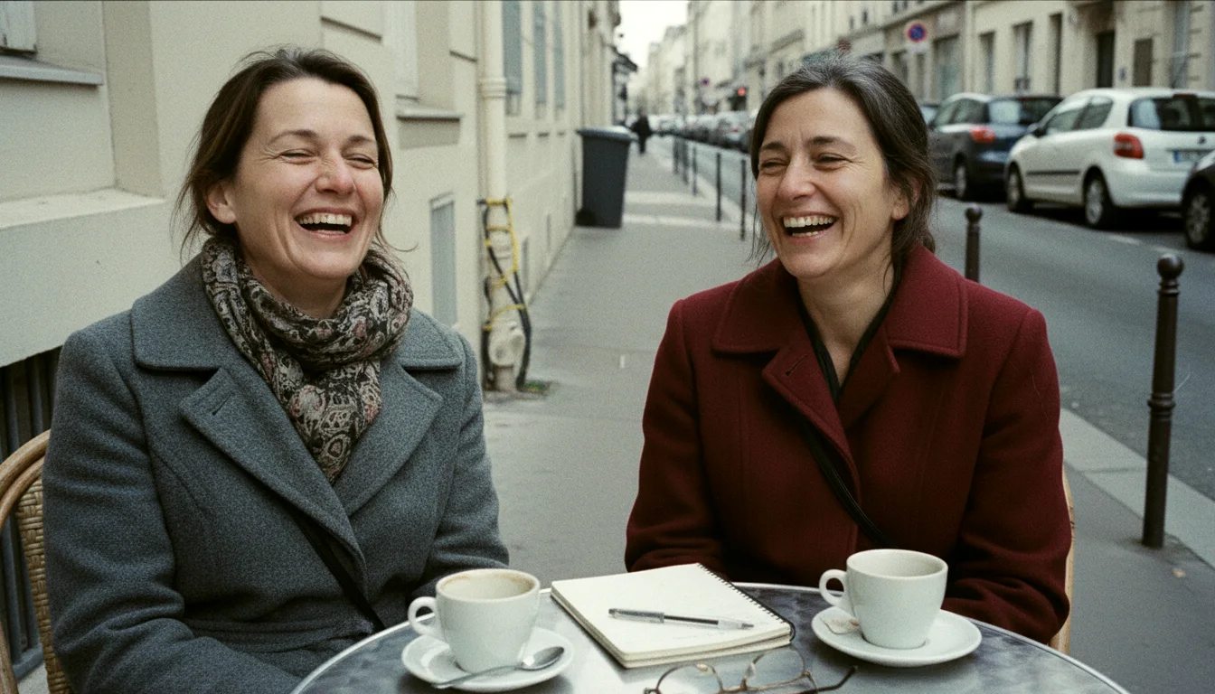 Deux femmes entre 45 et 55 ans discutent et rient à la terrasse d'un café parisien, en manteaux d'automne, tasses et carnet posés sur le guéridon.